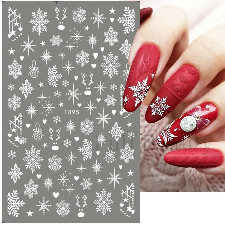 3D Snowflake Nail Art Decals White Christmas Designs Self Adhesive Stickers New Year Winter Gel Foils Sliders Decorations LAF895