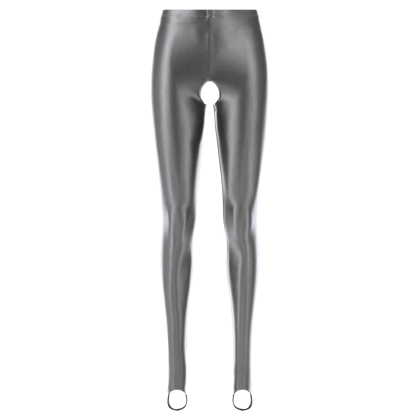 Womens Lingerie Glossy Open Crotch Stirrup Tights Leggings Stretchy Smooth Mid Waist Elastic Waistband Compression Skinny Pants