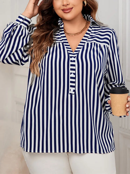 GIBSIE Plus Size Blue And White Striped Shirt Woemn Autumn New Polo Collar Long Sleeve Button Front Casual Loose Blouses Tops