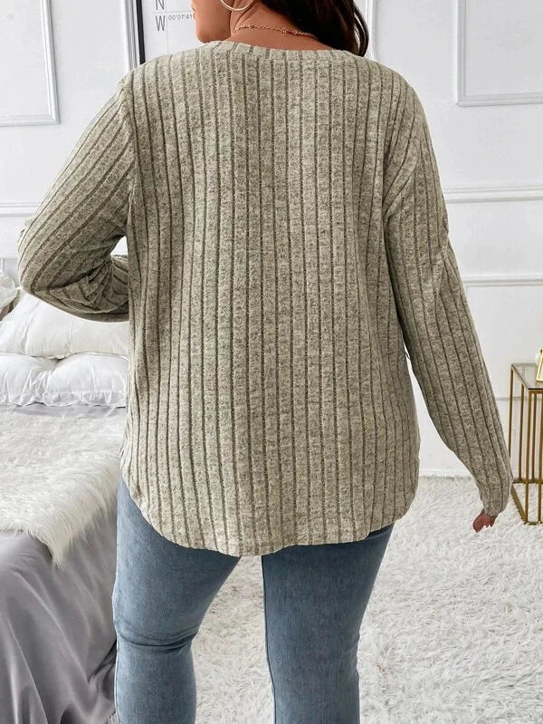 GIBSIE Plus Size Women's Casual V-Neck Long Sleeve Tees Shirt 2024 Spring Autumn Fashion Loose Ribbed Knit Tops for Women