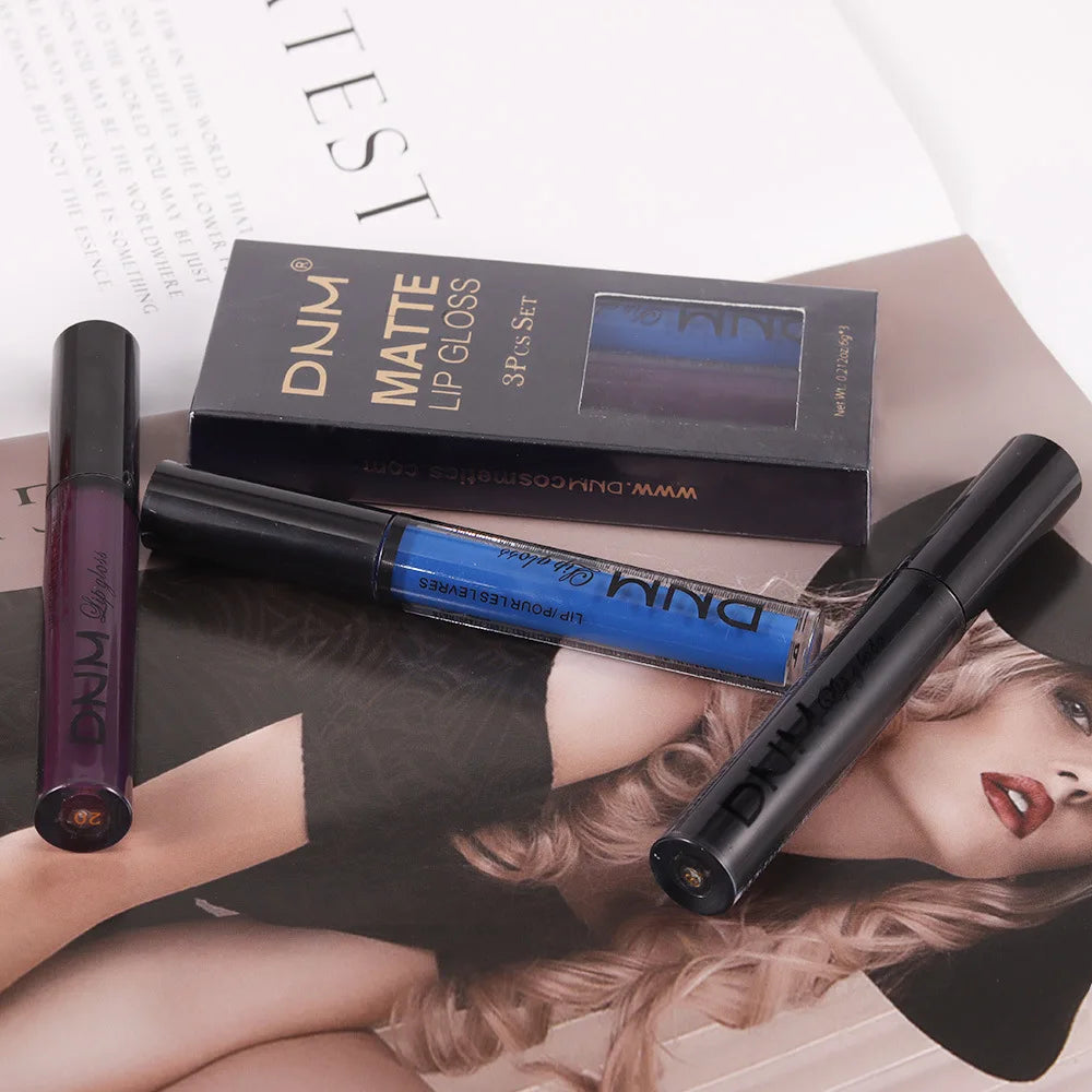 New 3pcs/set Liquid Lipstick Waterproof Long Lasting Cosmetic Black Blue Purple Green Matte Lip Gloss Nude Lip Tint Stain Makeup