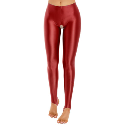 Womens Lingerie Glossy Open Crotch Stirrup Tights Leggings Stretchy Smooth Mid Waist Elastic Waistband Compression Skinny Pants