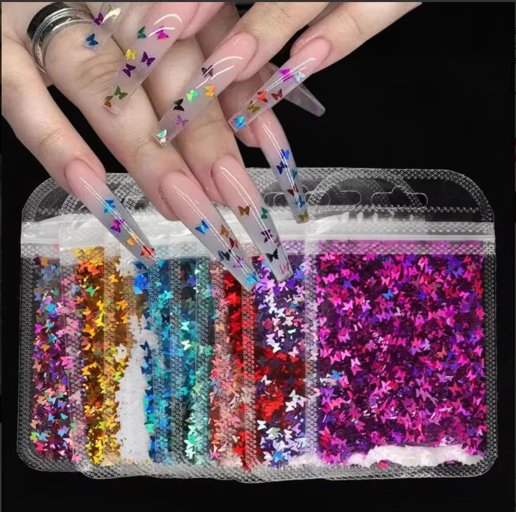 Holographic Butterfly Heart Nail Art Glitter Micro Laser Star Flakes 3D Silver Gold Sequins Polish Manicure Nail Decoration