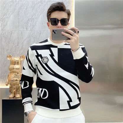 Trend Versatile Autumn New Men's O-Neck Printing Contrast Color Badge HighStreet Fashion Casual Long Sleeve Sweatshirts Tops