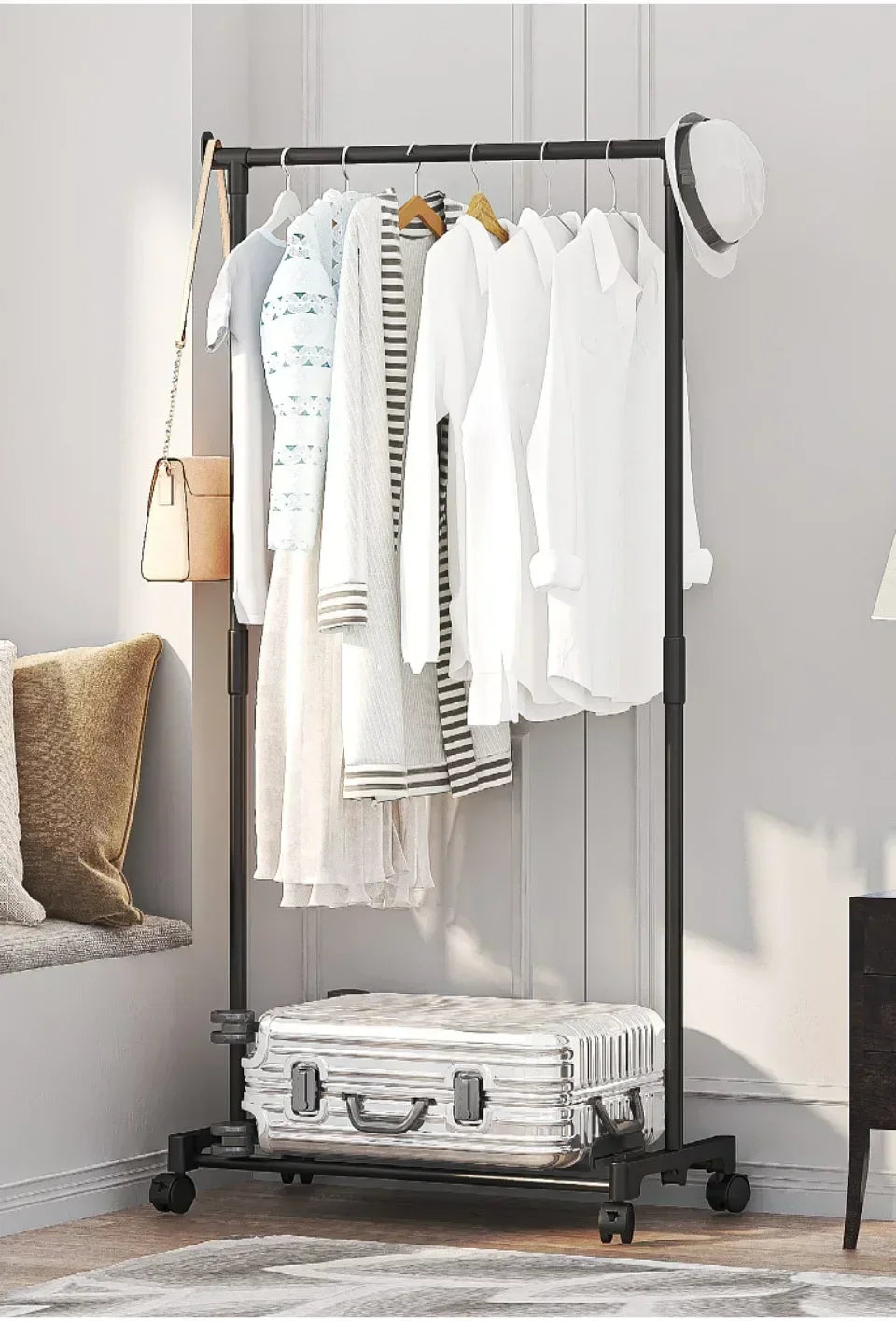 Coat Rack Movable Double Clothes Shelf Simple Rod Clothes  Floor-Standing Bedroom Telescopic Floor Hangers Storage Coat Rack