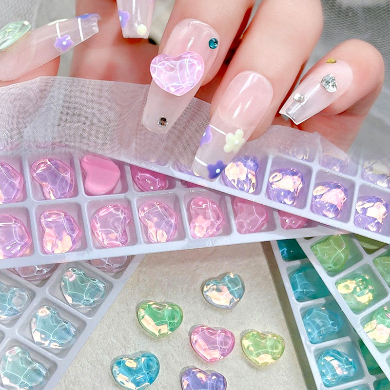 1Bag 3D Heart Nail Rhinestones Water ripple flat bottom love Charms Crystal Nail Art Decorations Gem Kawaii Resin Nails Gems