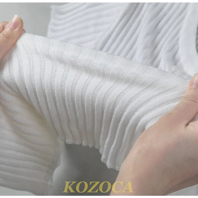 Kozoca 100% Wool Chic White Elegant Striped See Through Women Tops Outfits Short Sleeve T-Shirts Tees Skinny Club Party Clothes