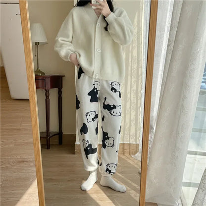 Sanrio Christmas Hello Kitty Pajamas Halloween Flannel Fashion Trouserswomen Kawaii Woolen Anime Cartoon Casual Home Pant Autumn