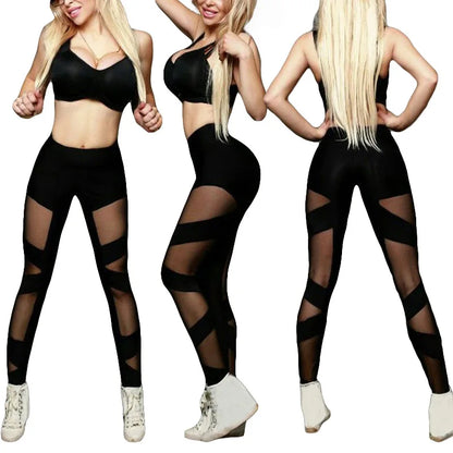 High Waist Women Leggings Mesh Stitching Cross Sports Pants Sexy See-Through Mesh Yoga Pants High Elastic dance Nightclub pants