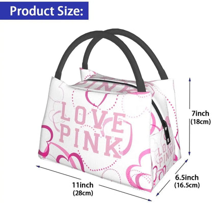 Love Pink Heart Women Secert Insulated Lunch Bag Reusable Water-Resistant Bento Tote Box Portable Lunch Bags