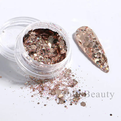 6pcs Champagne Rose Nail Glitter Flakes Mixed Hexagon Sequins Powder Fall Winter Mermaid Paillette Nail Decorations LA1539-52