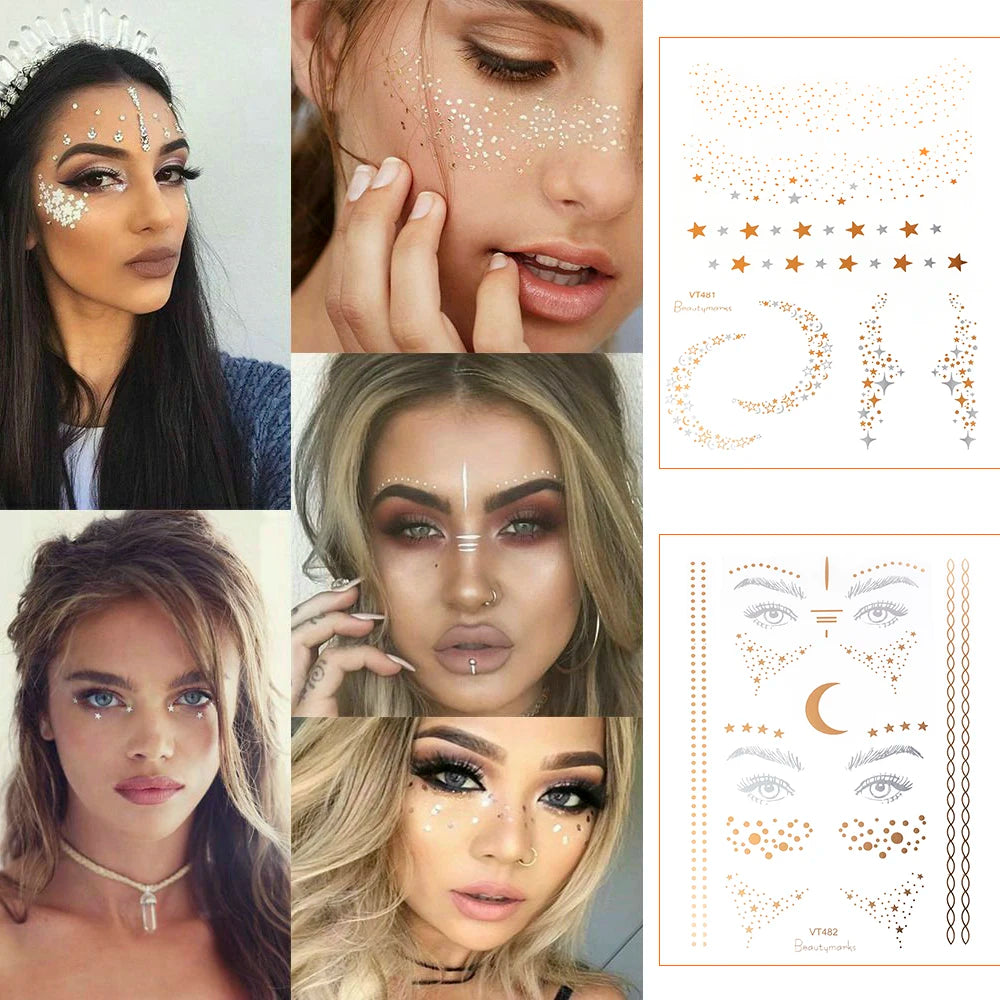 1pc Golden Face Temporary Tattoo Waterproof Blocked Freckle Stickers Eye Makeup Decal Bronzing Music Festival Wholesale 2023 New