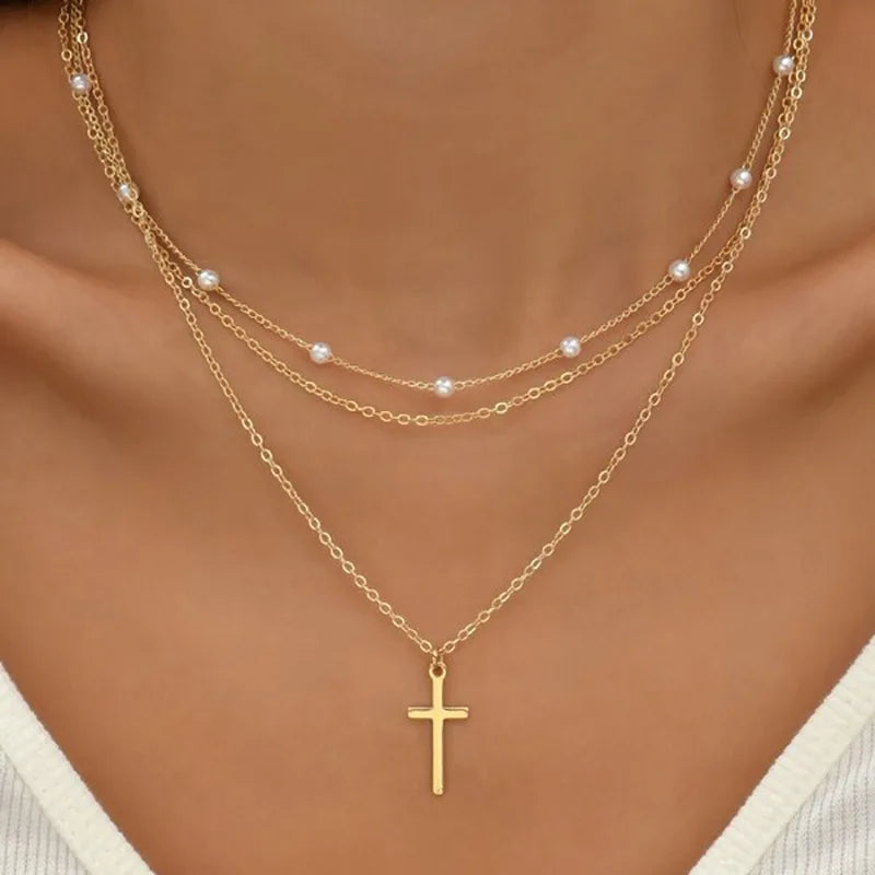 Summer New Creative Simple Temperament Lady Pearl Cross Multi-layer Necklace