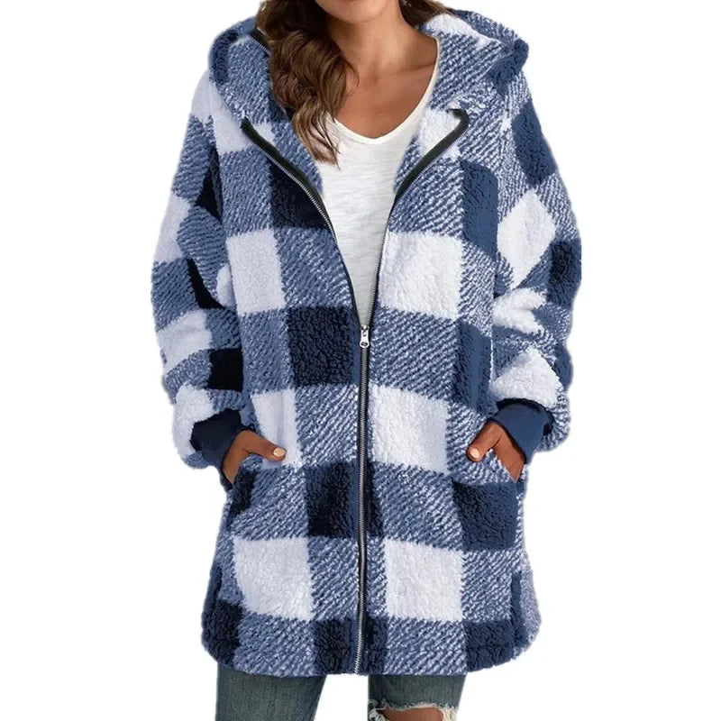 Fashion simple autumn and winter plush women's coat new long sleeve plaid thick warm hooded zipper with pocket loose coat