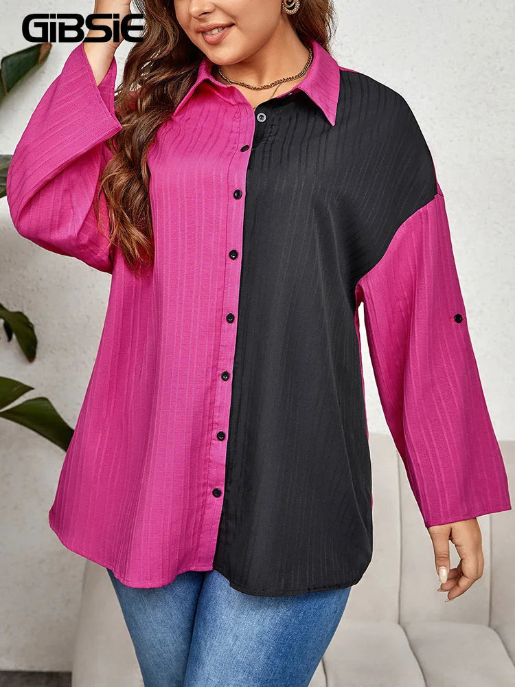 GIBSIE Plus Size Drop Shoulder Roll up Long Sleeve Shirt Women 2023 Spring Fall Colorblock Loose Casual Button Down Blouses Tops