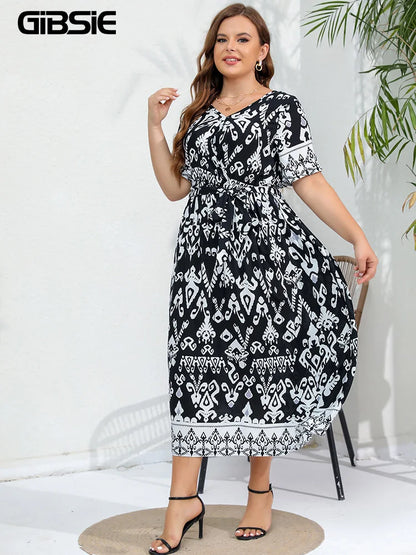 GIBSIE Plus Size Ethnic Print Belted Maxi Dress Women 2024 Spring Summer Short Sleeve Holiday Boho Beach Elastic A-Line Dresses