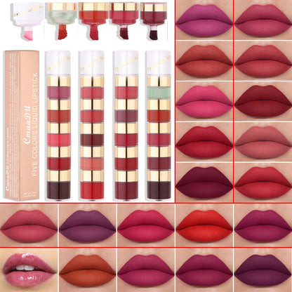 Matte Lipstick 5-in-1 Lipstick Set Highly Pigmented Waterproof Lasting Combination Lip Gloss Makeup Non-Stick Liquid Lipstick