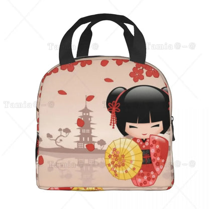 Japanese Red Sakura Kokeshi Doll Insulated Lunch Bag for Women Resuable Cute Girly Cherry Blossom Thermal Cooler Lunch Box