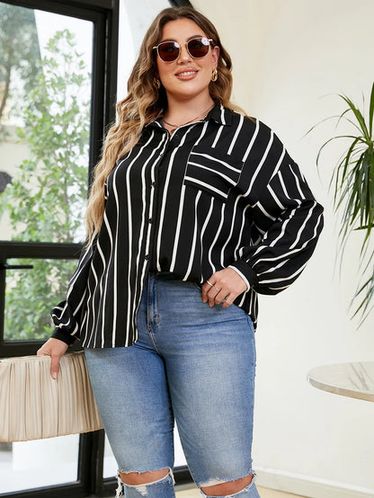 GIBSIE Plus Size Women Shirt 2023 Striped Long Sleeve Button Up Blouse Big Size Women Spring Fall Casual Korean Shirt Tops