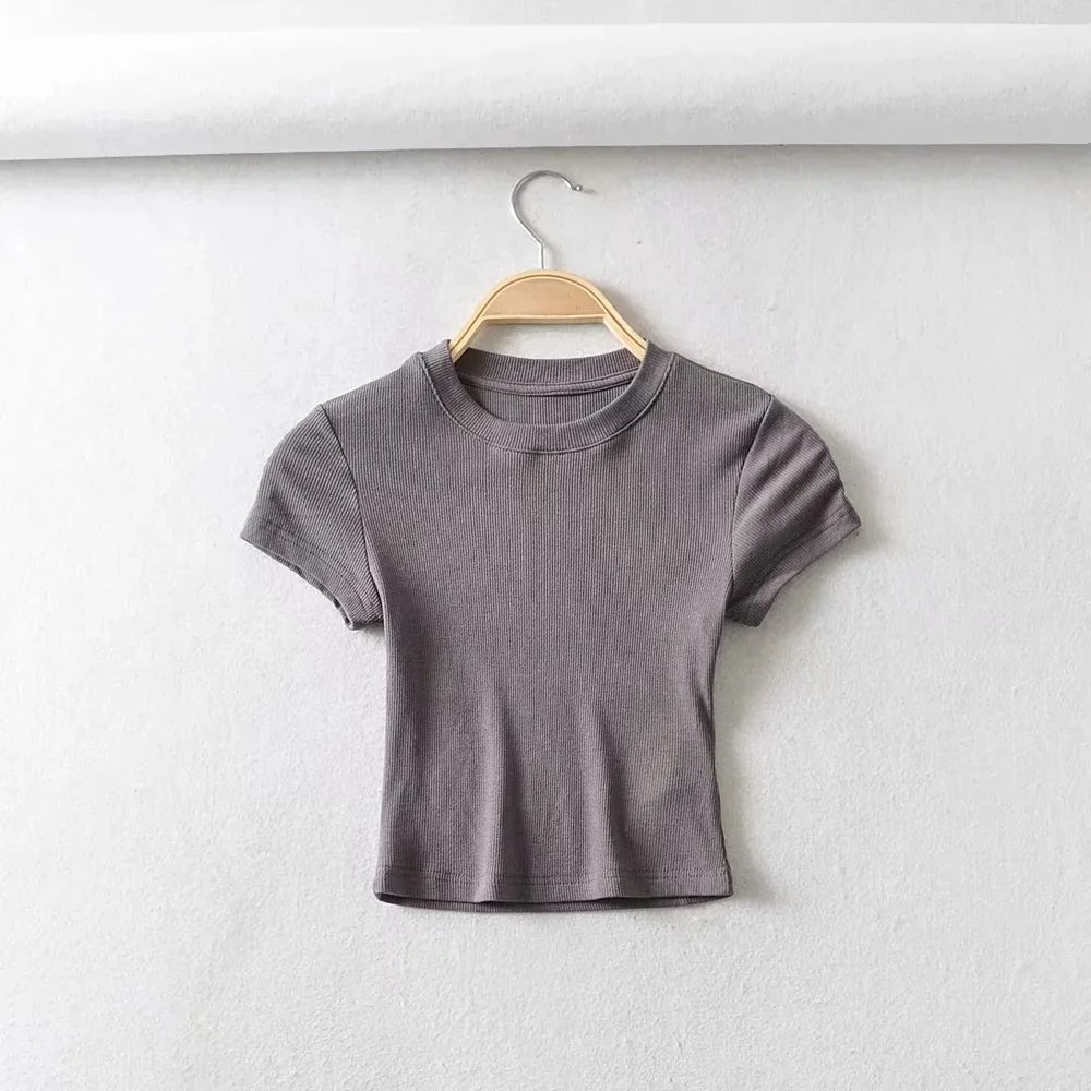 Summer Sexy Women O-neck Short-sleeve T-shirt Slim Elastic Skinny Crop Tops