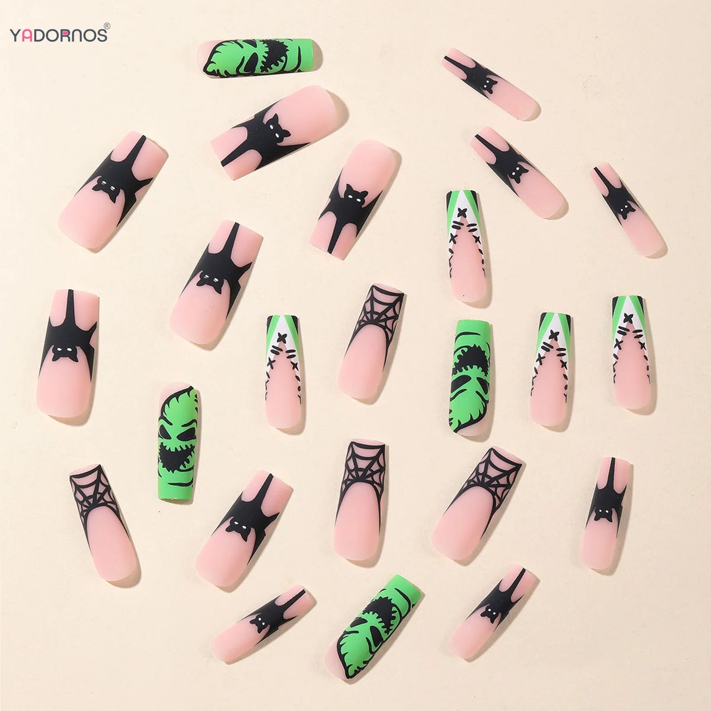 Halloween Press on Nails Long Coffin French Style Fake Nails Frosted Black Bat Spider Web Printed Women Party Charms Manicure