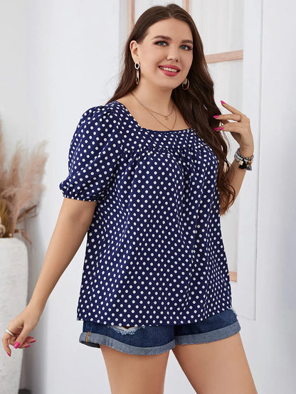 GIBSIE Plus Size Polka Dot Square Neck Puff Sleeve Top Blouse Women Boho 2024 Summer Korean Fashion Loose Blouses 3XL 4XL