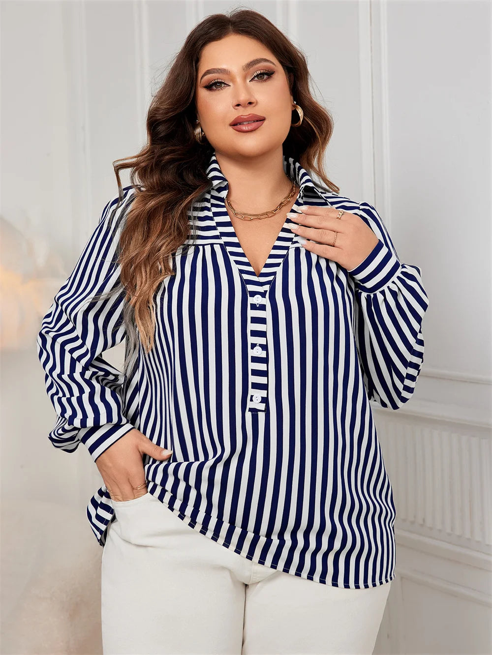 GIBSIE Plus Size Blue And White Striped Shirt Woemn Autumn New Polo Collar Long Sleeve Button Front Casual Loose Blouses Tops