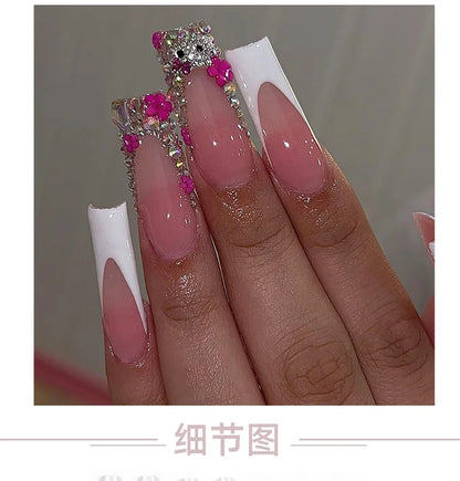 24Pcs/set Y2K Fake Nail Art with Hellokitty Rhinestone French White Edge Design Wearable Long Fasle Nail Tips Manicure Patch