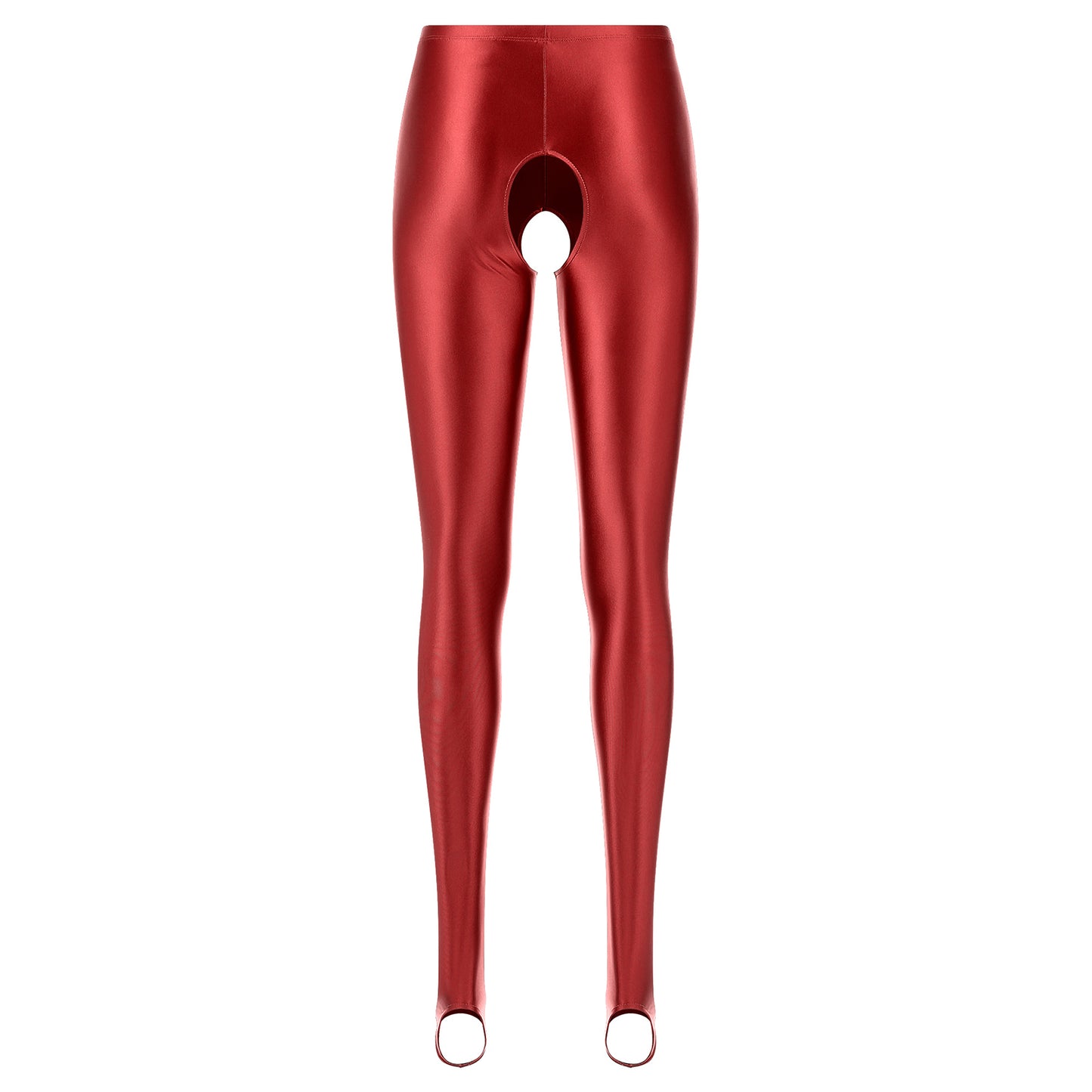 Womens Lingerie Glossy Open Crotch Stirrup Tights Leggings Stretchy Smooth Mid Waist Elastic Waistband Compression Skinny Pants