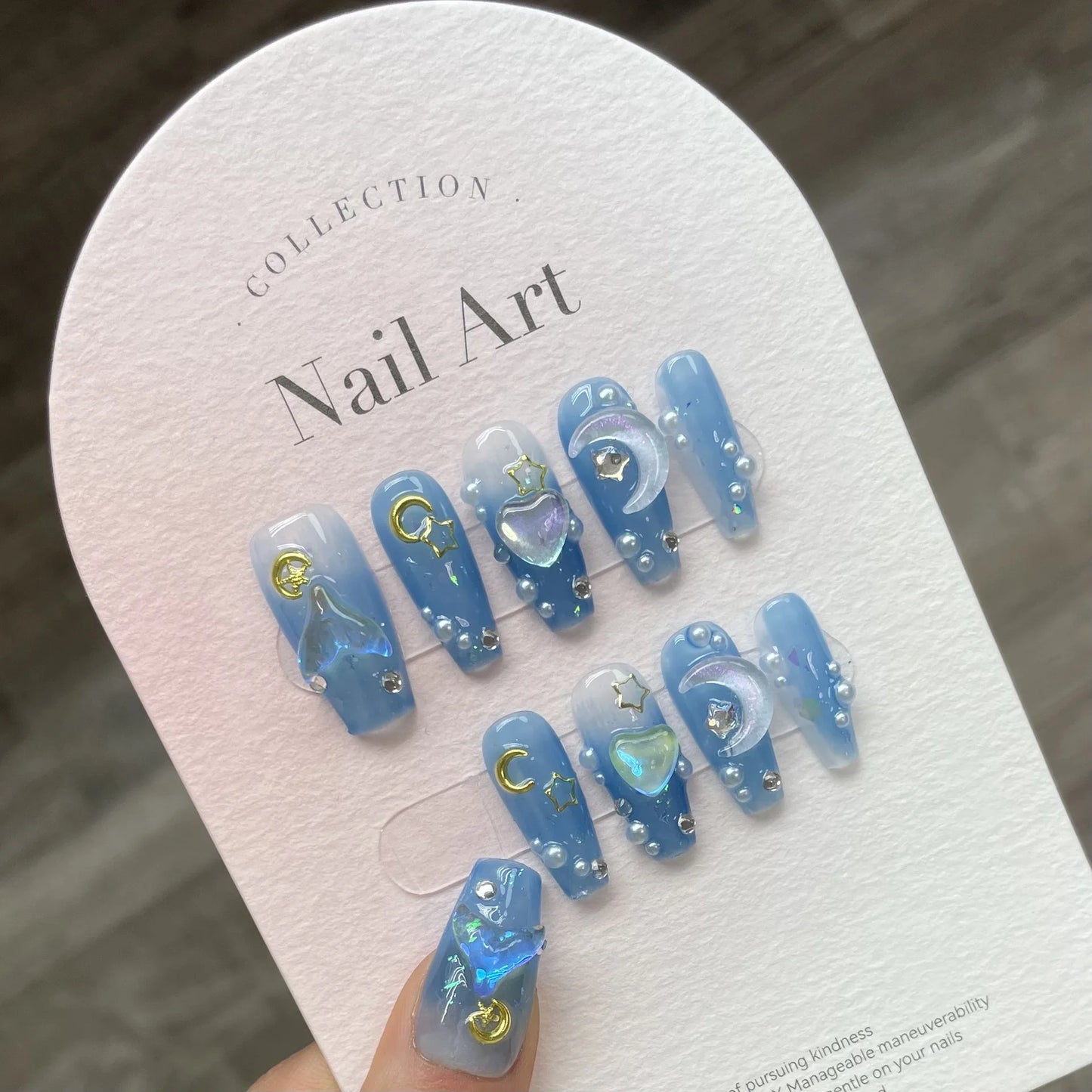 10Pcs Handmade Press on Nails Long Ballet Blue Fake Nails with 3D Ocean Moon Rhinestone Design False Nails Full Cover Nail Tips