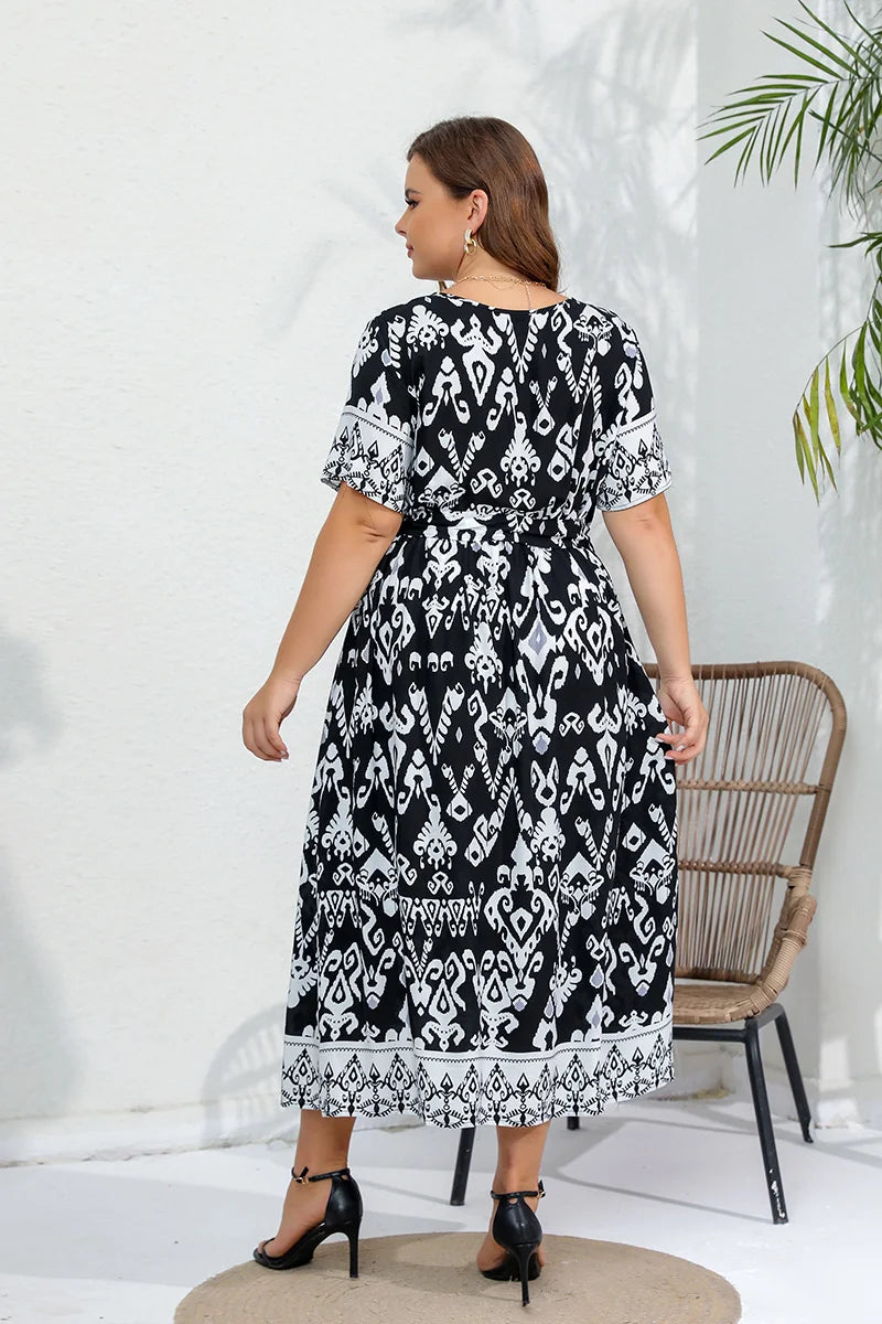 GIBSIE Plus Size Ethnic Print Belted Maxi Dress Women 2024 Spring Summer Short Sleeve Holiday Boho Beach Elastic A-Line Dresses