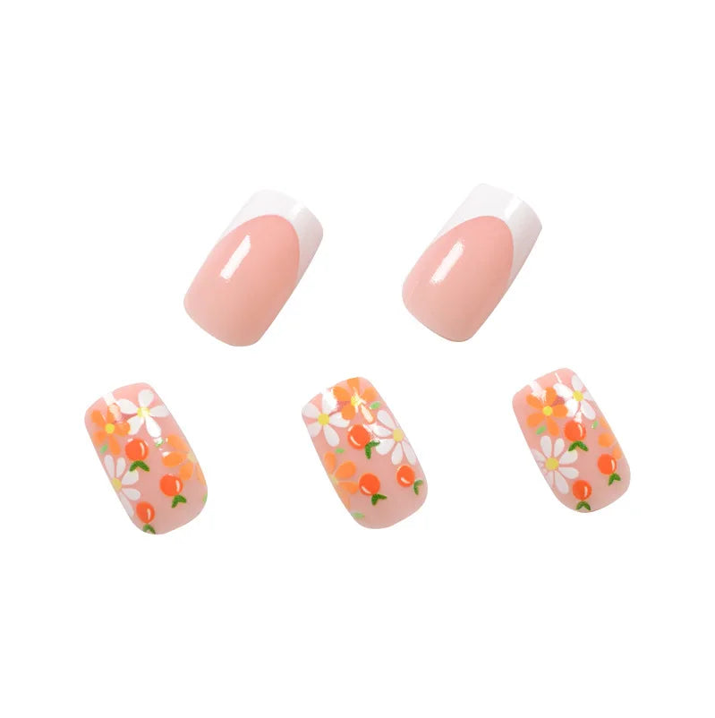 24pcs Press on Nails Detachable with white small flowers Fake Nails French Ballerina False Nails Full Cover Nail Tips