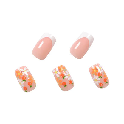 24pcs Press on Nails Detachable with white small flowers Fake Nails French Ballerina False Nails Full Cover Nail Tips