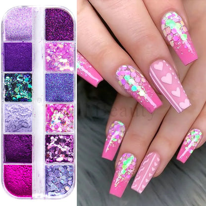 12 Grids Purple Nail Glitter Holographic Fine Sugar Nail Powder Mixed Heart Hexagon Paillette Nail Flakes Shiny Manicure Decor