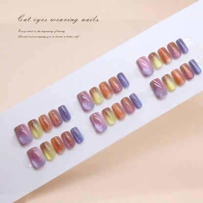 24Pcs New Style Press On Nails Long Square False Nails French Shining Cat Eye Fake Nails Full Cover Detachable Nail Tips