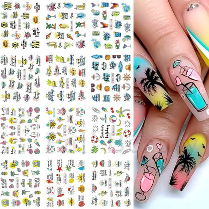 Palm Coconut Tree Summer Theme Nail Water Stickers Leaf Sea Sunset Tropical Style Water Transfer Decals Holiday Manicure Tattoos