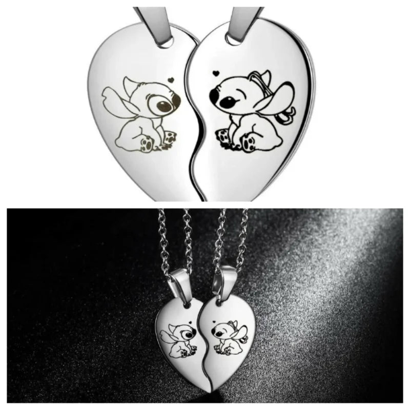 Disney Lilo & Stitch Necklace Stainless Steel Stitching Cute Figure Stitch Heart Pendant Neck Chain Lovers Jewelry