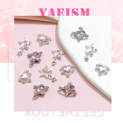 15PCS Nail Art Charms Crystal Heart Nail Charms Pink Shiny Planet Charms 3D Alloy Star Nail Charm Shiny Flatback Diamond Nail