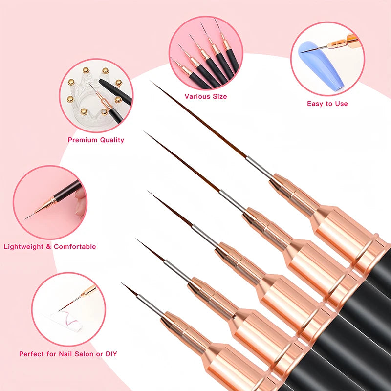 5pcs Professional Nail Art Liners Striping Brushes Tool Ultra-thin Line Detail Drawing Painting Brushes Manicure Pen Tools