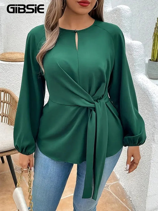 GIBSIE Plus Size Solid Tie Front Keyhole O-Neck Blouses Women Spring Fall Long Sleeve Office Ladies Casual Shirt Top 2024 New