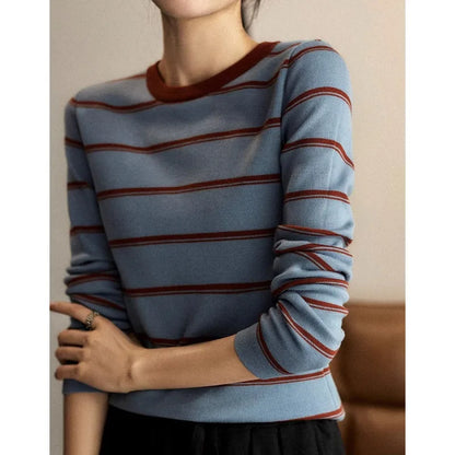 New Autumn and Winter Fashion Retro Contrast Stripe Round Neck Versatile Slim and Simple Women's Knitted Long Sleeve Sweater