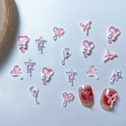 20Pcs Pink Auroras Glitter Heart Shaped Kawaii Nail Rhinestones 3D Grow-In-Dark Transparent Nail Charms DIY Nail Art Accessories