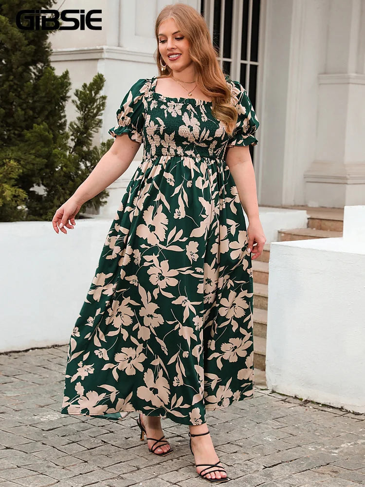 GIBSIE Plus Size Square Neck Floral Print Puff Sleeve Dress Women Summer 2024 Vacation Beach Bohemian Swing Long Maxi Dresses