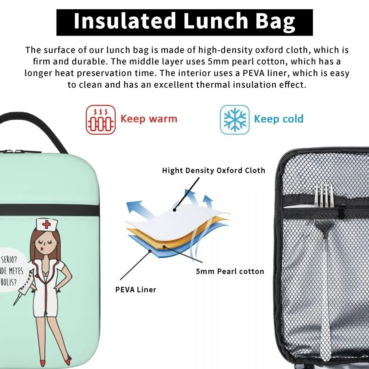 Cartoon Ladies Nurse Doctor Printed Portable Lunch Box for Women Multifunction Cooler Thermal Food Insulated Lunch Bag