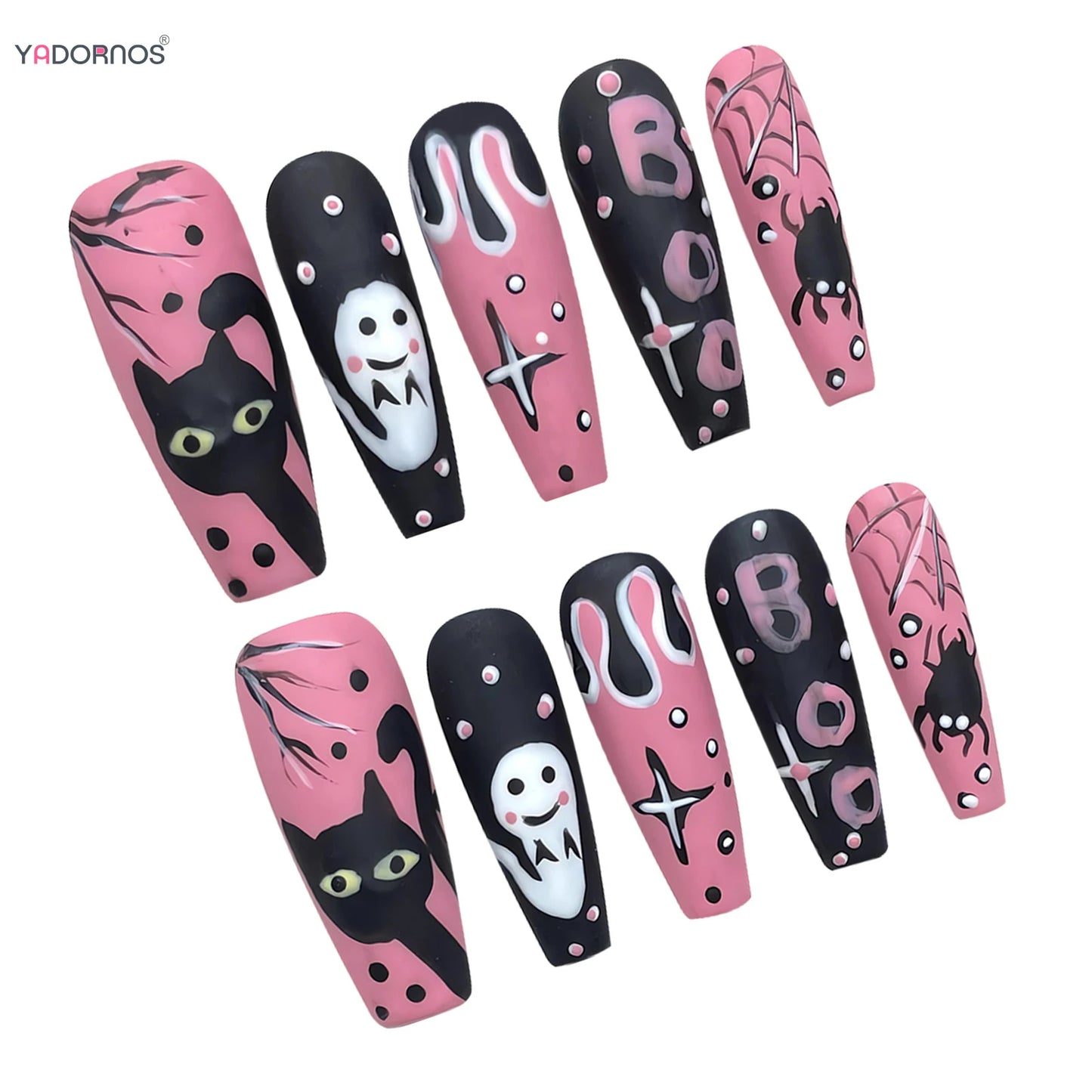 Handmade Halloween Press on Nails Pink Black Long Coffin Fake Nails White Ghost Black Cat Spider Star Designs Party Nails Patch