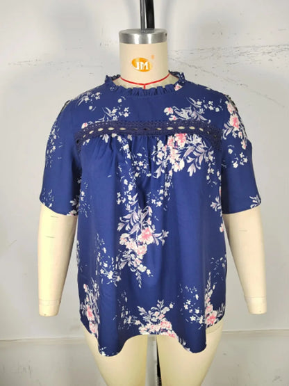 GIBSIE Plus Size Summer Hollow out Floral Print Women Blouse Casual O-Neck Slit Short Sleeve Tops Female Holiday Loose Blouses