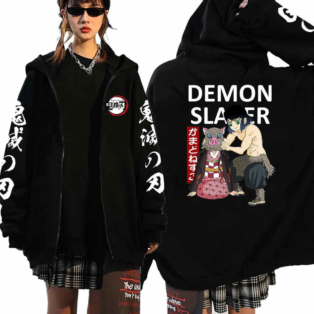 Men Women Anime Zip Hoodie Demon Slayer Graphic Print Plus Size Sweatshirt Harajuku Unisex Winter Warm Streetwear Zip Up Jacket