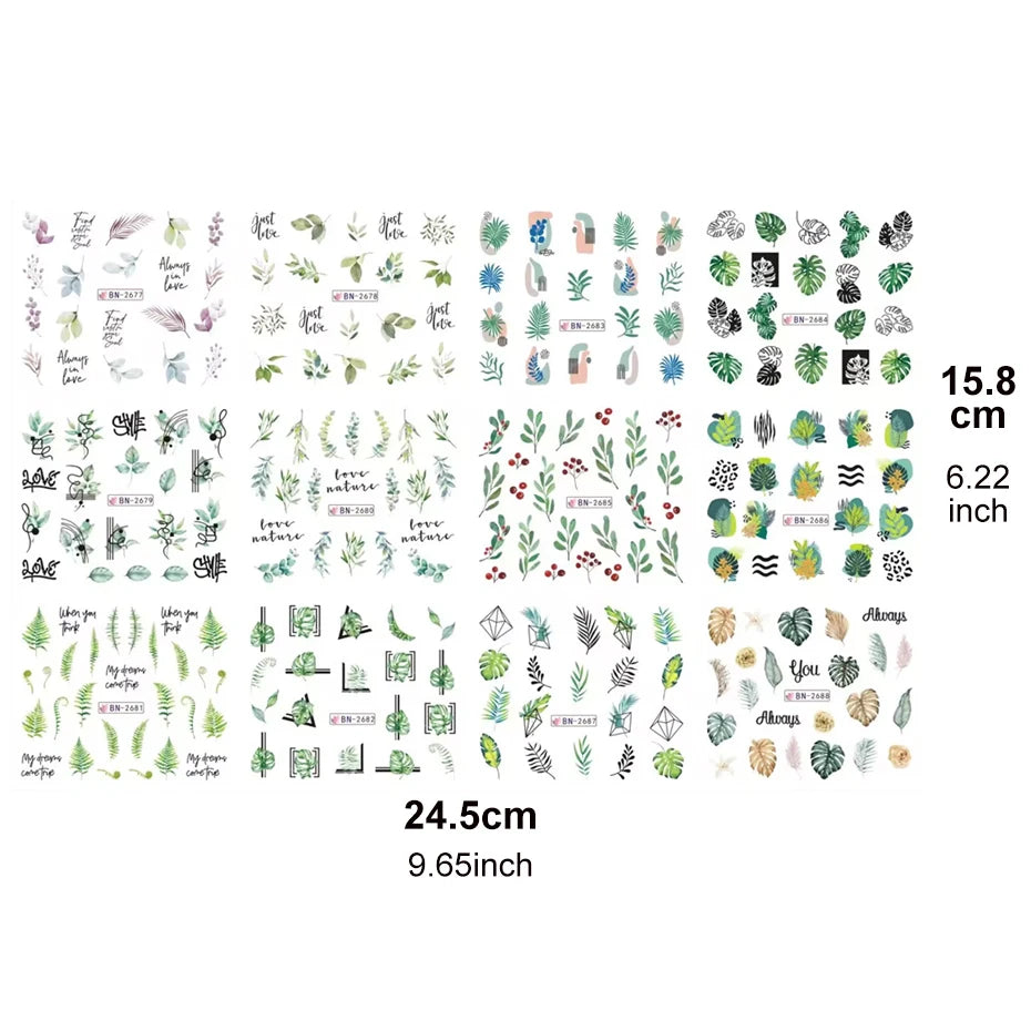 12pcs Green Palms Leaf Water Transfer Nail Sticker Summer Tropical Plants Decals Watermark Slider for Nail Art Decoration Tips