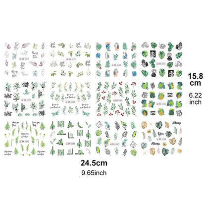 12pcs Green Palms Leaf Water Transfer Nail Sticker Summer Tropical Plants Decals Watermark Slider for Nail Art Decoration Tips