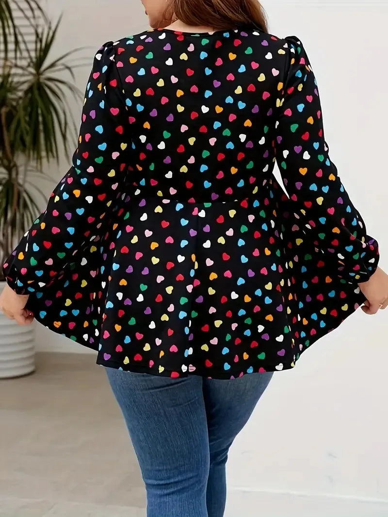 GIBSIE Plus Size Heart Print V Neck Peplum Blouse Women Spring Fall Sweet Casual Long Sleeve Female Ruffle Hem Blouses Tops 2024